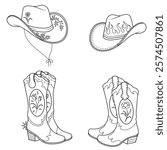 Isolated illustration of cowboy hat and boots, clipart. American farmer