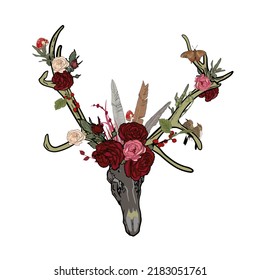 Isolated illustration deer skull in boho style  Skull in flowers   feathers as blank for designers  logo  icon  print