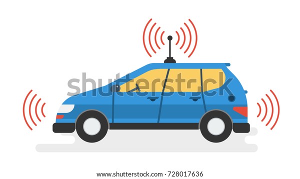 Isolated illustration of self driving car. Blue\
autonomous driverless machine with gps and antenna. Future\
technologies in flat\
style