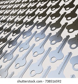 Isolated infinite array of densely packed house keys presented with a shallow depth of field. This image is a 3d illustration.
