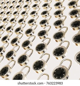Isolated infinite array of densely packed combination locks presented with a shallow depth of field. This image is a 3d illustration.