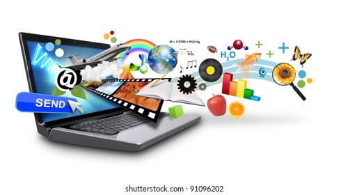 An isolated laptop has many objects projecting out of the screen on a white background. Use it for an email download concept or internet research idea.