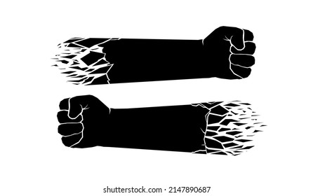 Isolated Male Fists And Forearm With Decay Effect. Flying Fist Or Symbol Of Victory Isolate On White Background. Black Silhouette Male Fist With White Lines, Monochrome Elements. Illustration Set