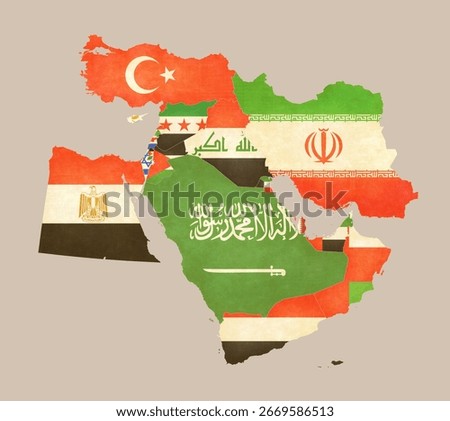 Isolated map of Middle East with flags in soft grunge and vintage style.