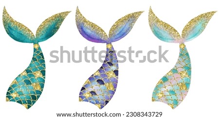 Isolated Mermaid tails watercolor illustrations