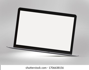 Isolated Mockup Of Black Macbook Computer With White Screen Background In Diagonal Position.