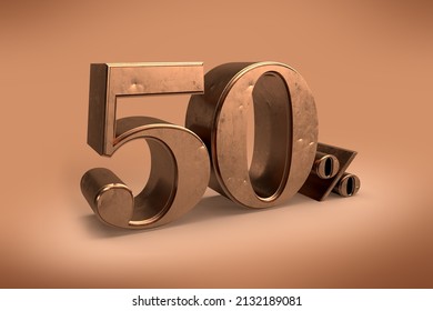 Isolated Number 50% Or Golden Jubilee Mark, Larger Than Life, 3D Illustration.