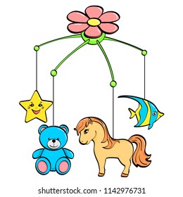 Isolated object on white background. A musical toy over a cradle for a child. The subjects are horse, flower, star, bear and fish. raster illustration