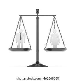 Isolated Old Fashioned Pan Scale With Man And Woman On White Background. Gender Inequality. Equality Of Sexes. Law Issues. Silver Model. 3D Rendering.