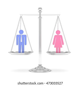 Isolated Old Fashioned Pan Scale With Man And Woman On White Background. Gender Inequality. Equality Of Sexes. Law Issues. Colorful Model. 3D Rendering.