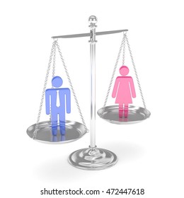 Isolated Old Fashioned Silver Pan Scale With Colorful Man And Woman On White Background. Gender Inequality. Equality Of Sexes. Law Issues. Silver Model. 3D Rendering.