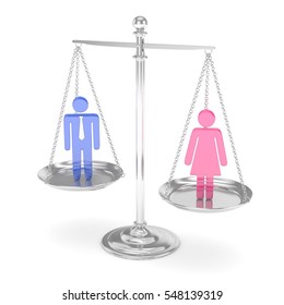 Isolated Old Fashioned Silver Pan Scale With Colorful Man And Woman On White Background. Gender Inequality. Equality Of Sexes. Law Issues. Silver Model. 3D Rendering.