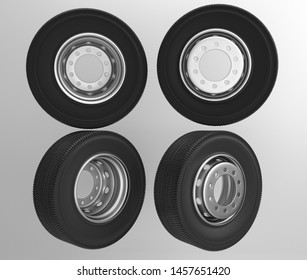 Isolated On White Background New Front Rear Truck Wheels With Black Shine Tires. New Tires For Commercial Transport Truck. High Resolution Commercial Truck Tires. 3d Rendering