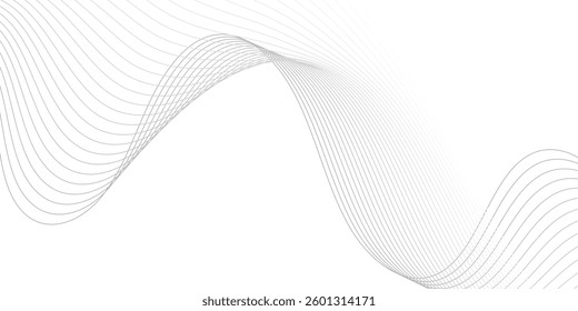  Isolated on white background. Vector illustration.Undulate Grey Wave Swirl, frequency sound wave, twisted curve lines with blend effect.Technology, data science, geometric border. 