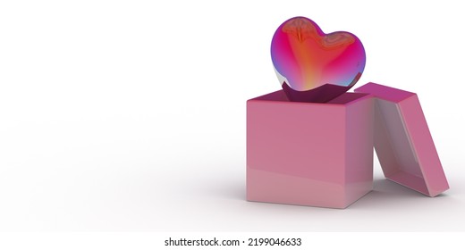 Isolated open red square gift box in 3D render with dropped shadow on white background concept: Glossy and bright heart shape. Graphic illustration design for lovers, mothers and valentines day. Love