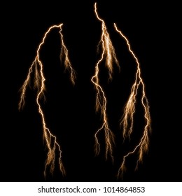 Isolated orange electrical lightning strike visual effect on black background.