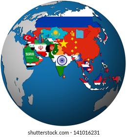 Isolated Over White Territories Of Asian Countries With Flags On Globe Map