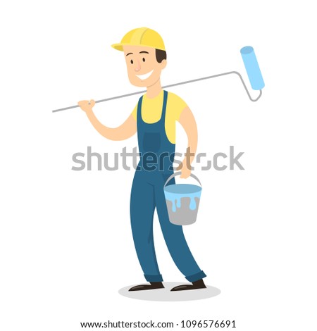 Isolated painter man with paintroller in uniform on white background.