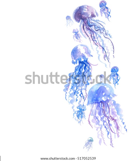 薄い色の優しいクラゲの水彩イラスト 手描きの絵 のイラスト素材