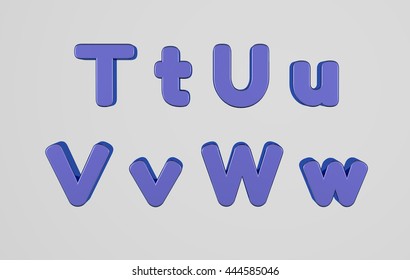 Isolated Plastic 3D Alphabet In Different Angles With Path - T U V W