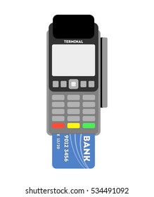 Isolated Pos terminal with card on white background. Banking, payment and transaction machine. Paying with credit card.
