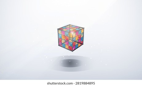 Isolated Radiant Blockchain Node Cube in Stained Glass Panel Style on Clean White Studio Backdrop with Volumetric Lighting