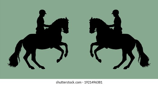 isolated realistic black silhouettes of two riders on a  colored background