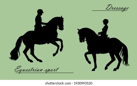 isolated realistic black silhouettes of two riders on a  colored background, 