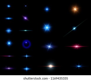 Isolated Realistic Lens Flare Visual Effect On Black Night Background. Space Star. 