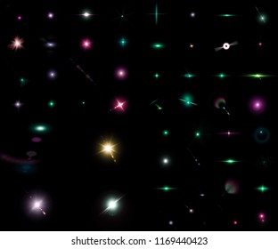 Isolated Realistic Lens Flare Visual Effect On Black Night Background. Space Stars. 