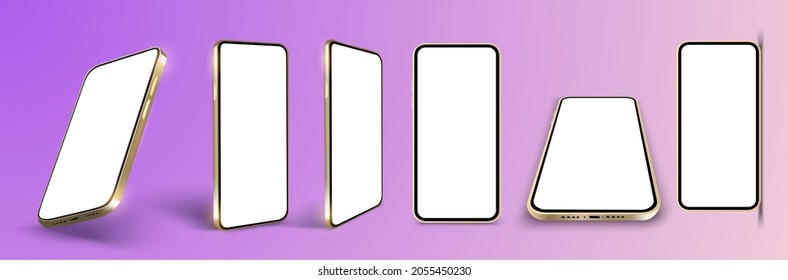 Isolated Realistic Mobile Phone In Various Positions, Side, Top And Tilt. A Mock-up Of A Golden Phone With A Blank Screen For Text. Template For Infographics Or Presentation UI, UX Design Interface. 