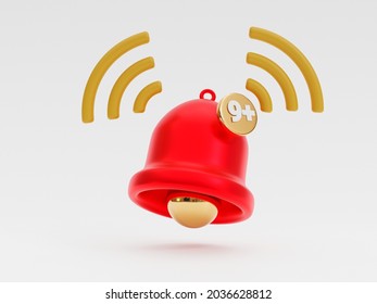 Isolated of Red bell notification ringing alert with nine notices on white background for smartphone and application reminder by 3d rendering technique.