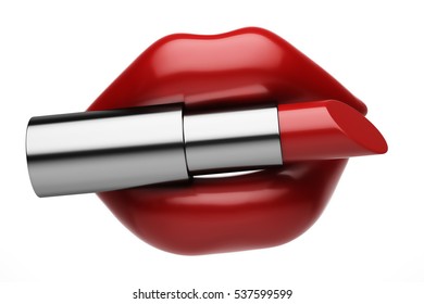 Isolated Red Lips And Lipstick. 3D Illustration