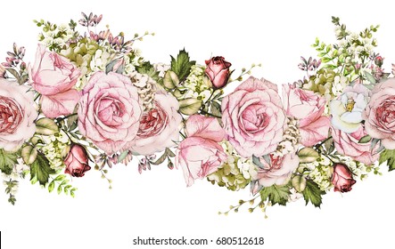 Isolated Seamless Border With Pink Flowers, Leaves. Vintage Watercolor Floral Pattern With Leaf And Rose. Pastel Color. Seamless Floral Rim,  Band For Cards, Wedding Or Fabric. 