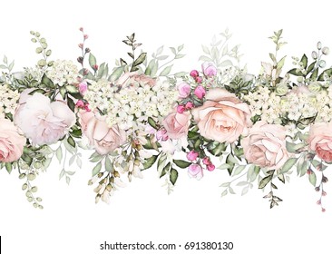 isolated Seamless border with pink flowers, leaves. vintage watercolor floral pattern with leaf and rose. Pastel color. Seamless floral rim,  band for cards, wedding or fabric. 