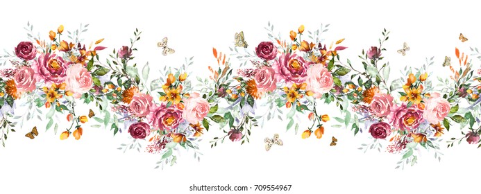 Isolated Seamless Border With Pink Flowers, Leaves. Vintage Watercolor Floral Pattern With Leaf And Rose. Pastel Color. Seamless Floral Rim,  Band For Cards, Wedding Or Fabric. 