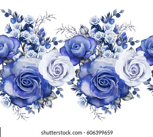 isolated Seamless pattern border with blue flowers, leaves. vintage watercolor floral pattern with leaf and rose, herbs. Pastel color.Seamless floral rim,  band for cards, wedding or fabric. 