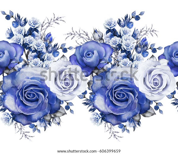 青の花とシームレスなパターンの境界 葉 ビンテージ水彩の葉とバラ の花柄 ハーブ パステルカラー シームレスな花柄の縁 カード用のバンド ウエディング または布地 のイラスト素材