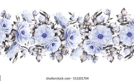   isolated Seamless pattern border with flowers, vintage watercolor floral pattern, rose, pastel color, seamless floral strip, seamless band for  fabric, pattern with wild flower, bud, leaf. Blue