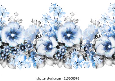 isolated Seamless pattern border with flowers, leaves, vintage watercolor floral pattern, herbs, pastel seamless floral strip, seamless band for cards or fabric, pattern with wild flower,  leaf. Blue
