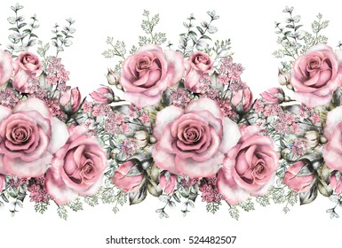 isolated Seamless pattern border with pink flowers, leaves, vintage watercolor floral pattern with leaf and rose, herbs, pastel color, seamless floral rim, seamless band for cards, wedding or fabric. 