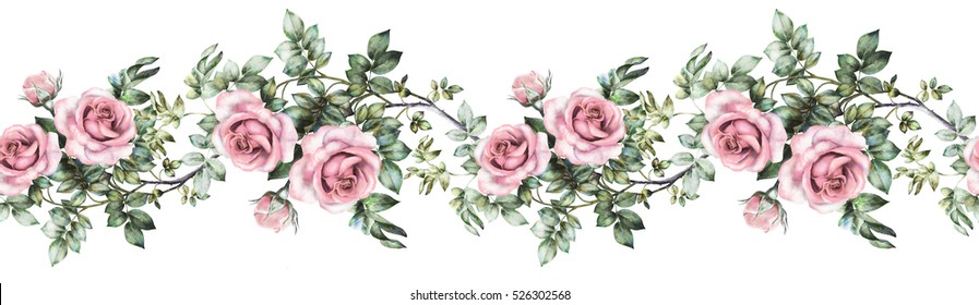 Isolated Seamless Pattern Border With Pink Flowers, Leaves, Vintage Watercolor Floral Pattern With Leaf And Rose, Pastel Color, Seamless Floral Strip, Rim, Seamless Band For Cards, Wedding Or Fabric. 