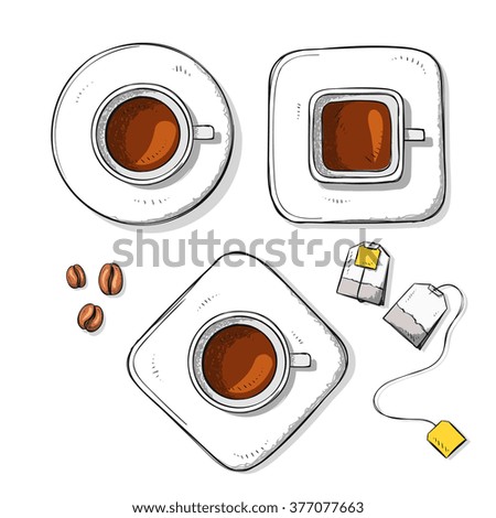 Isolated set cups, coffee bean, tea bag handmade in sketch style. Sketch of Tea Party. Cups for design cards and posters, collage and presentations, web design, background. Retro design. Vintage style