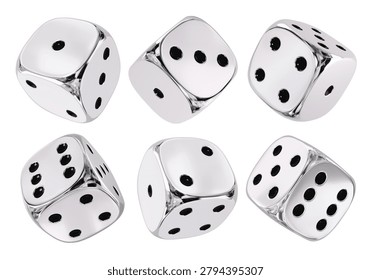Isolated set of Shiny Silver Chrome Dice. 3D Rendering
