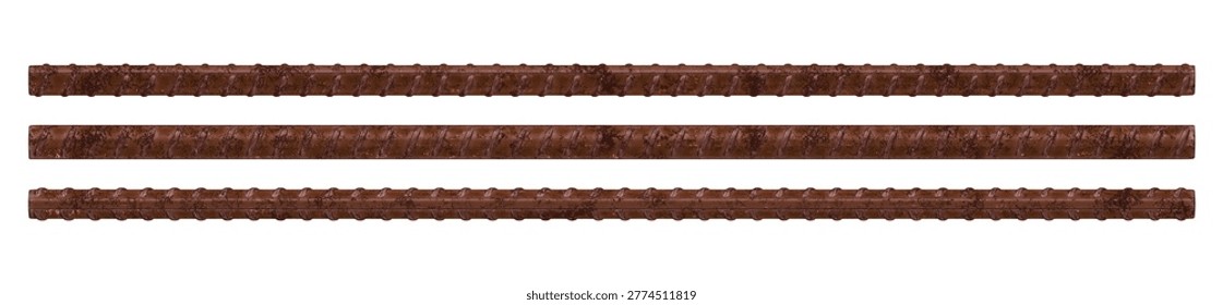 Isolated Set of Three Rusty Brown Steel Rebar Rods. 3D Rendering