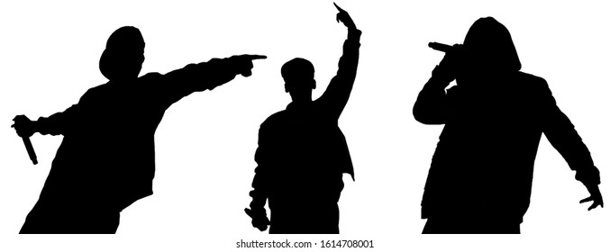 Isolated silhouette of rap singer with microphone in hand. Set of cut out black silhouette of hip hop artist with mic. Party poster design element 