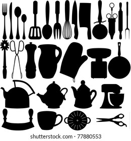 Isolated silhouettes of Kitchen related objects