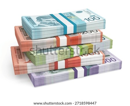 Isolated stack of Serbian dinar (RSD) money bundles, symbolizing wealth, savings, and economic prosperity.