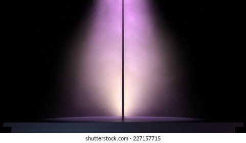 An Isolated Stripper Pole On A Stage Lit By A Single Pink Spotlight On A Dark Background