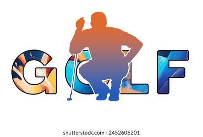 Isolated text GOLF on Withe Background - Color Icon Gradient Silhouette Figure of a Male Player Squatting to Judge Put - Powered by Shutterstock